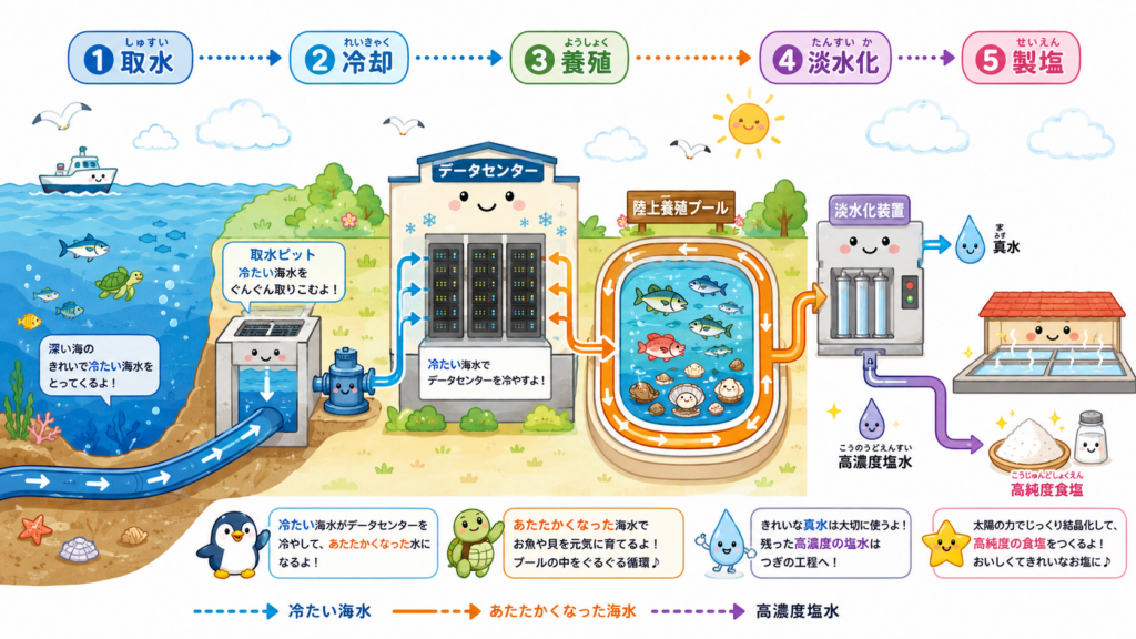 深海取水からデータセンター冷却、陸上養殖、淡水化、製塩へつながる循環システムの図解