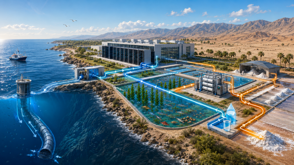 深海取水、データセンター冷却、陸上養殖、淡水化、製塩を統合した沿岸産業構想
